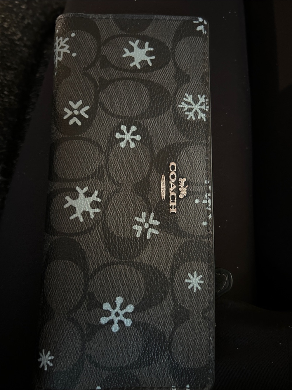 Coach Black Signature Long Wallet with Light Blue Snowflakes